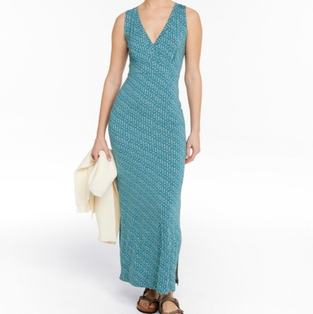 NWT L. L. Bean Knit Maxi Dress S Petite Rich Turquoise Geometric Print Stretch